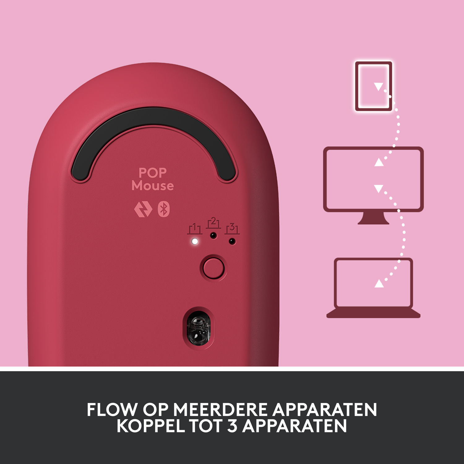 Een rode muis met knoppen en een verbindingsdiagram dat apparaten toont.
