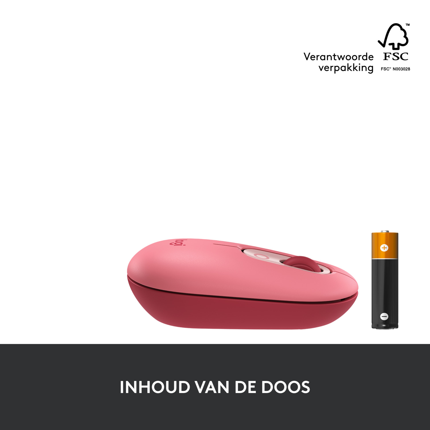 Een roze computermuis naast een batterij. De muis staat op een witte achtergrond. De batterij is zwart en goud.
