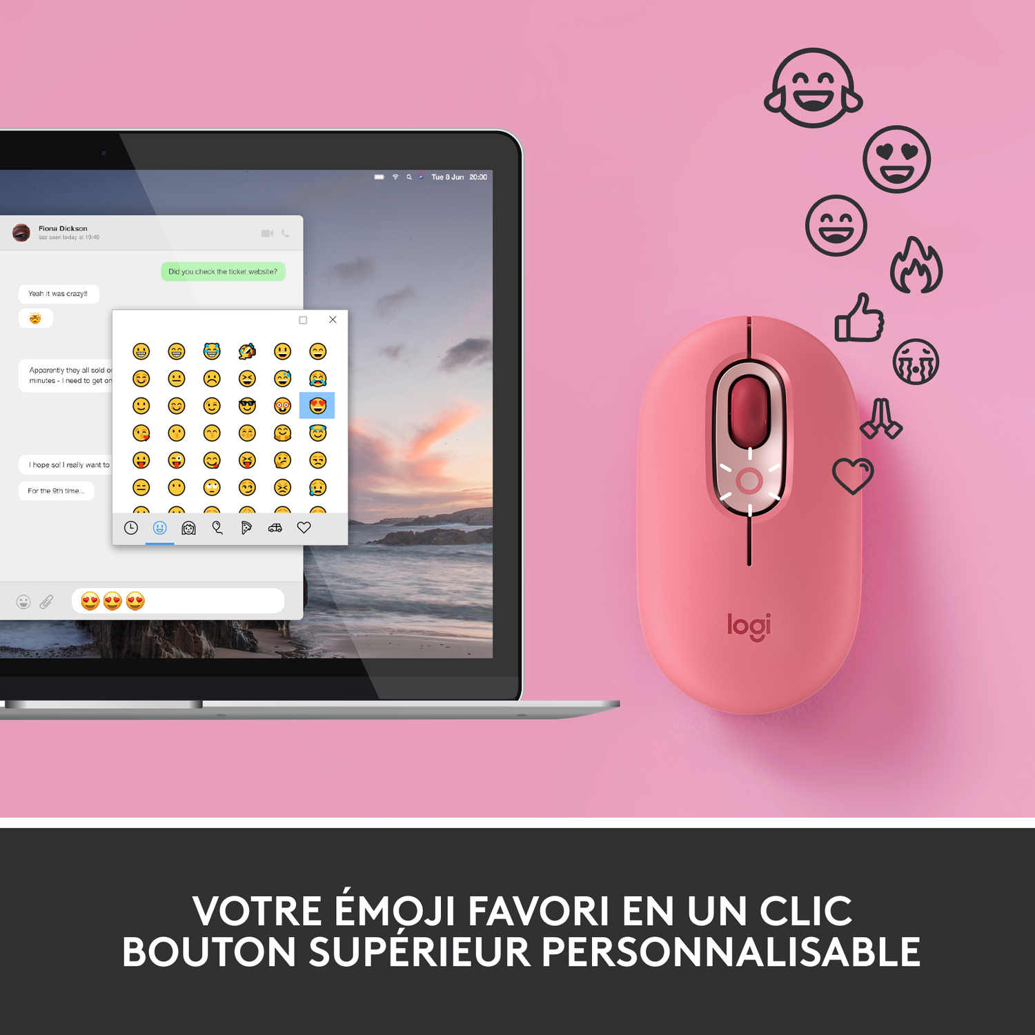 Souris rose avec des emojis sur l'écran et un ordinateur portable. Bouton supérieur personnalisable.