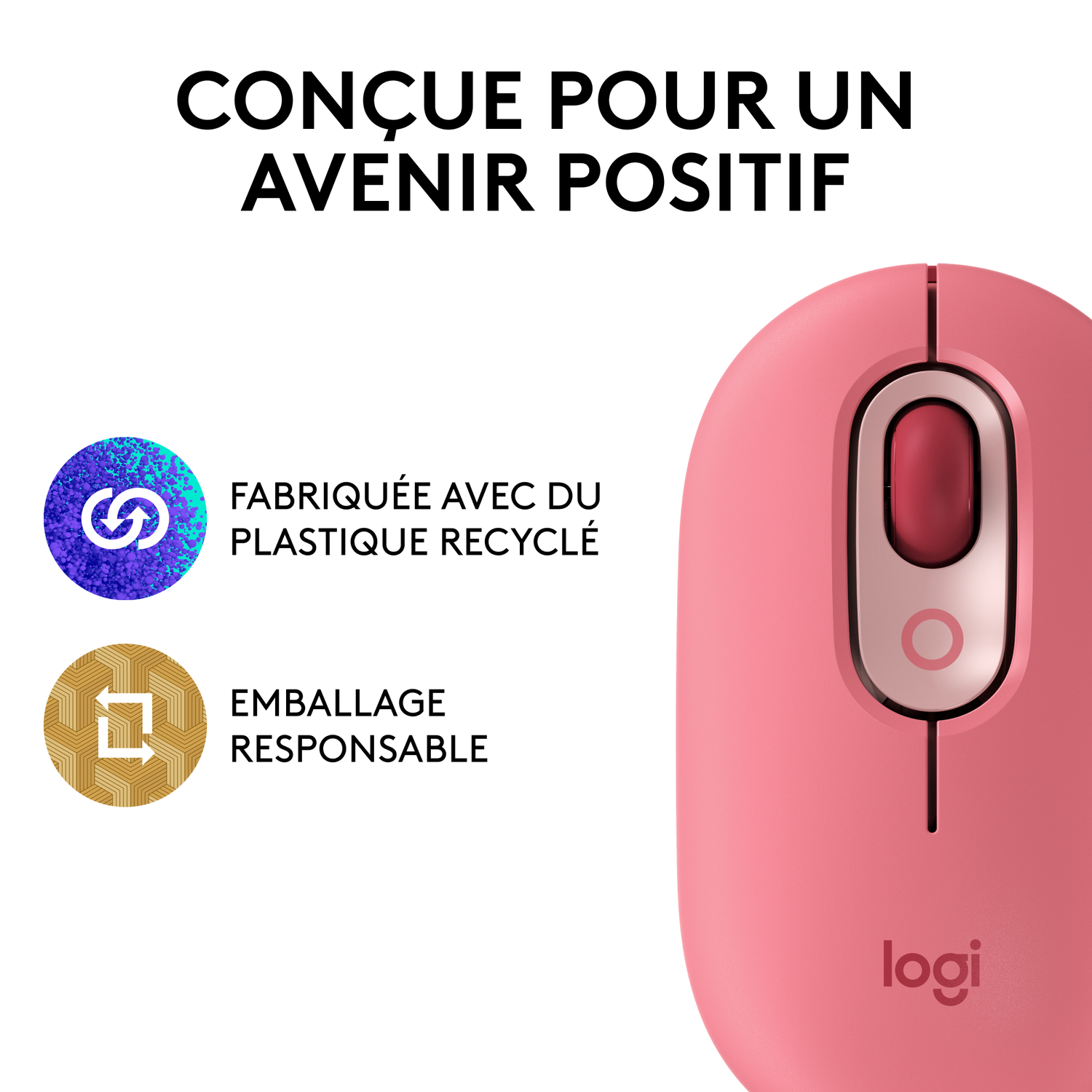 Souris rose avec symboles de recyclage et d'emballage écologique. Texte : Fabriqué avec du plastique recyclé.