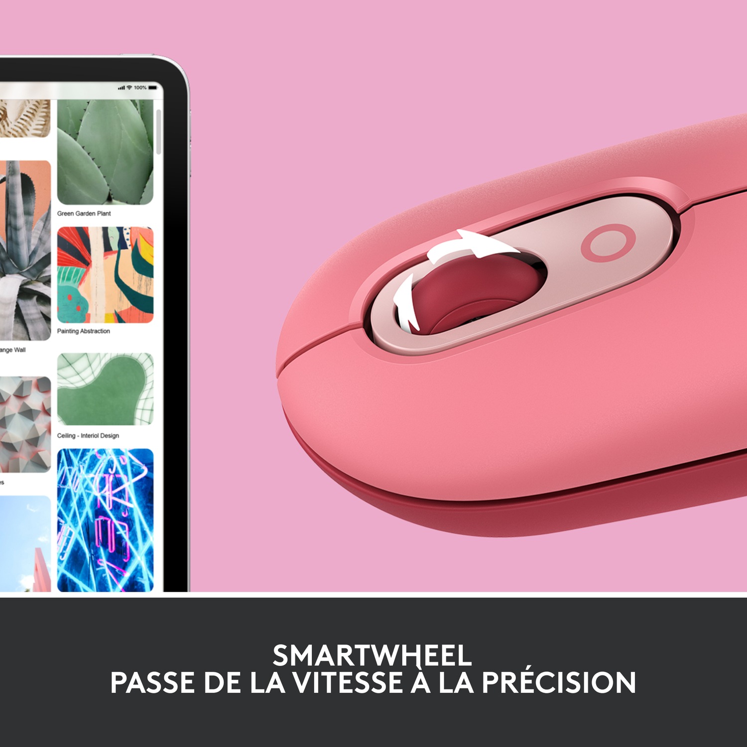 Une souris rose avec une molette, affichée avec une tablette montrant des images sur fond rose.