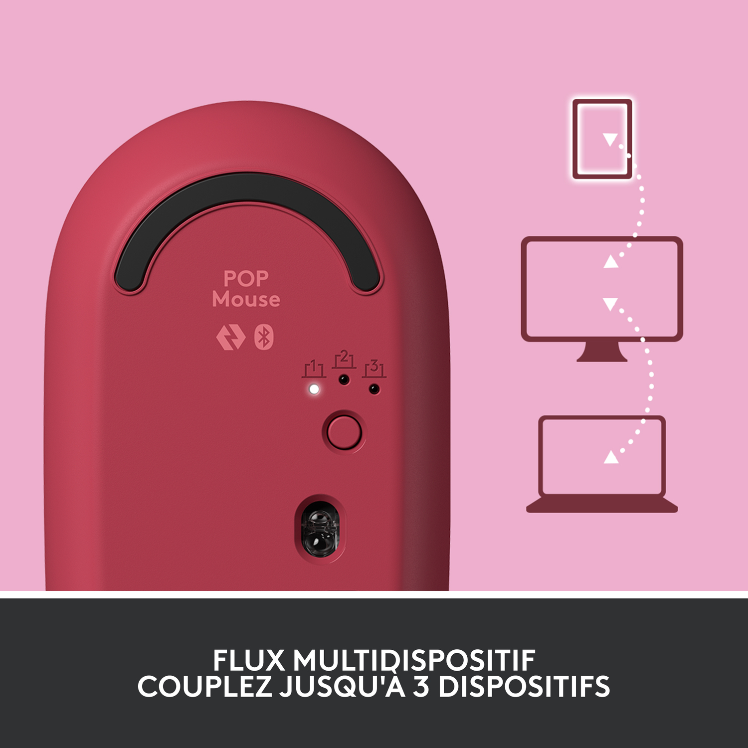 Bas d'une souris rouge, montrant les boutons et les indicateurs de connexion.