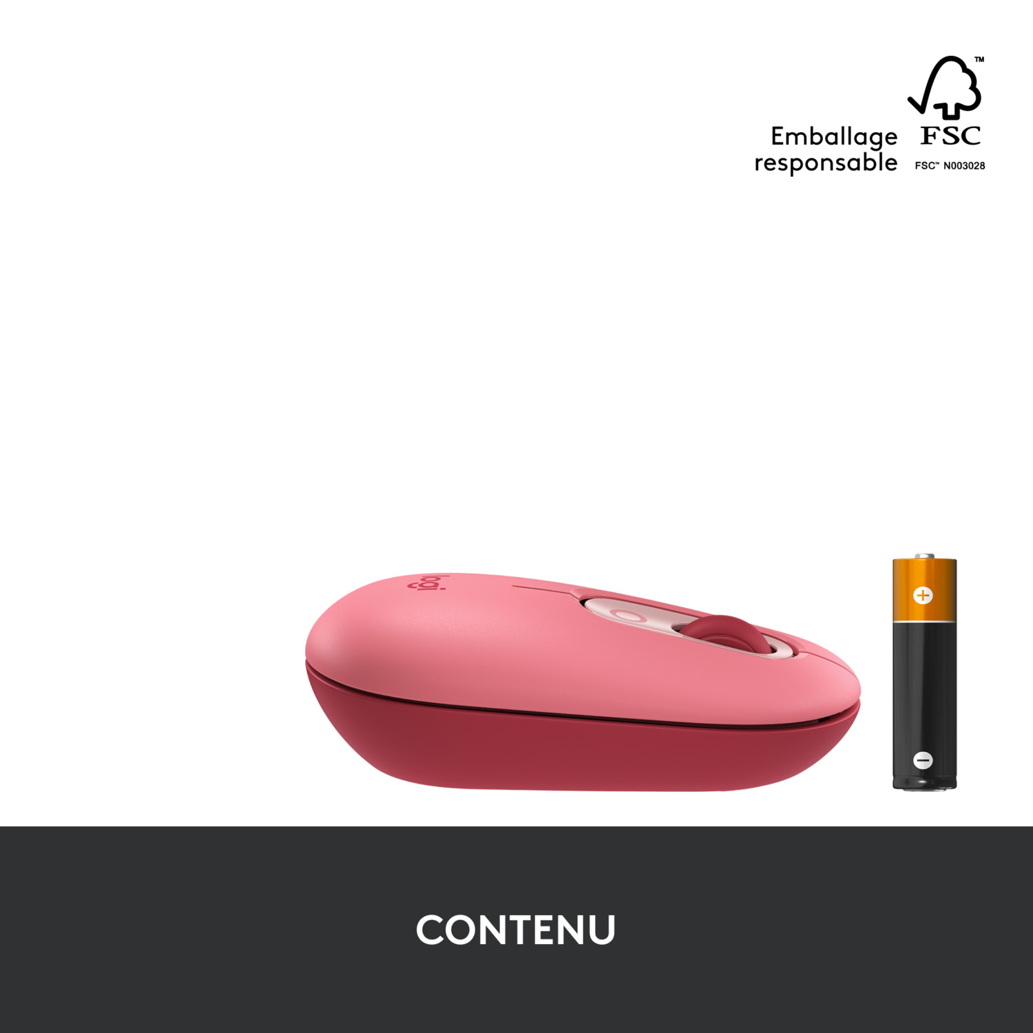 Souris Logitech rose à côté d'une pile. Le texte indique 'CONTENU'.