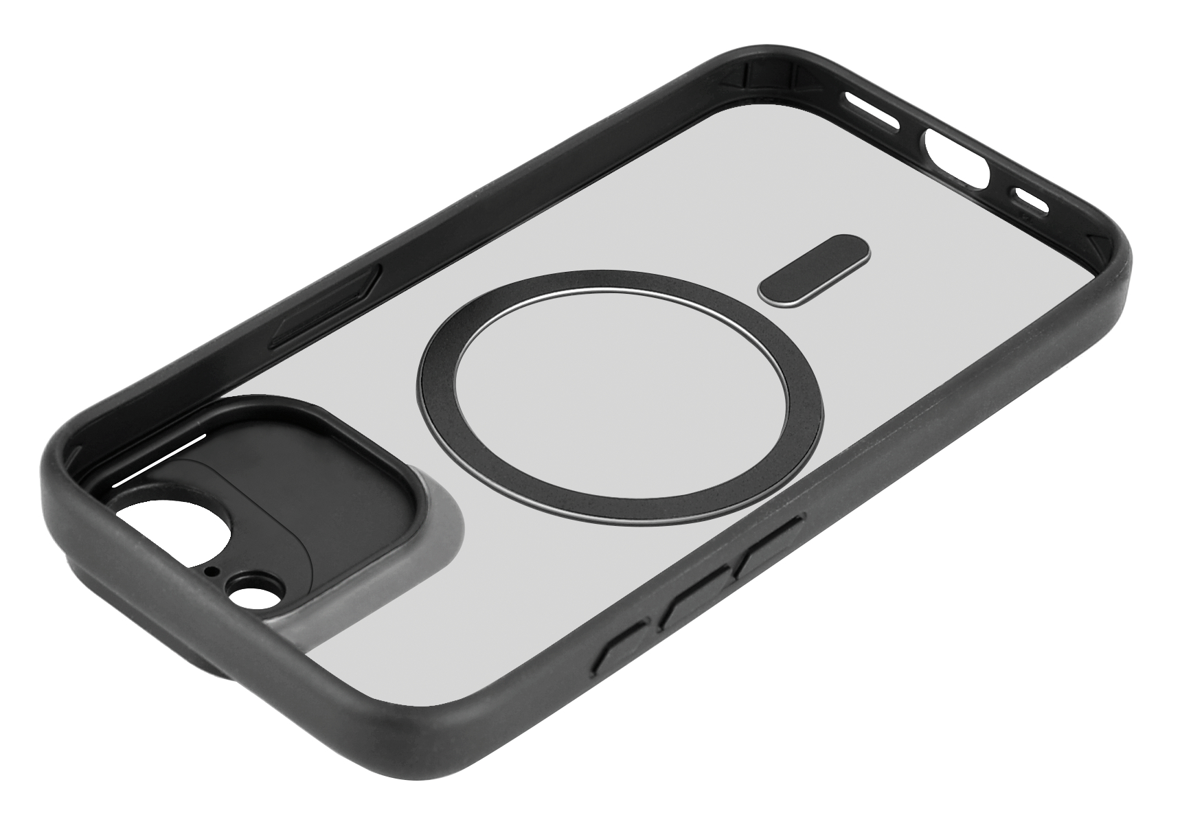 Transparente Handyhülle mit schwarzem Rahmen. Die Hülle hat einen Kreis für MagSafe und Seitentasten.