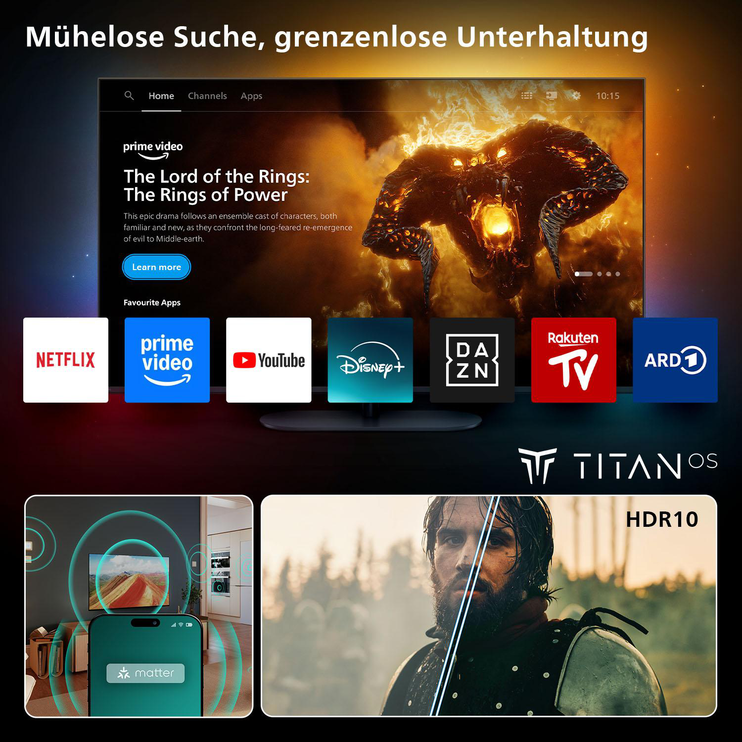 Smart-TV-Bildschirm mit Prime Video und anderen Apps. Text lautet 'grenzenlose Unterhaltung'.