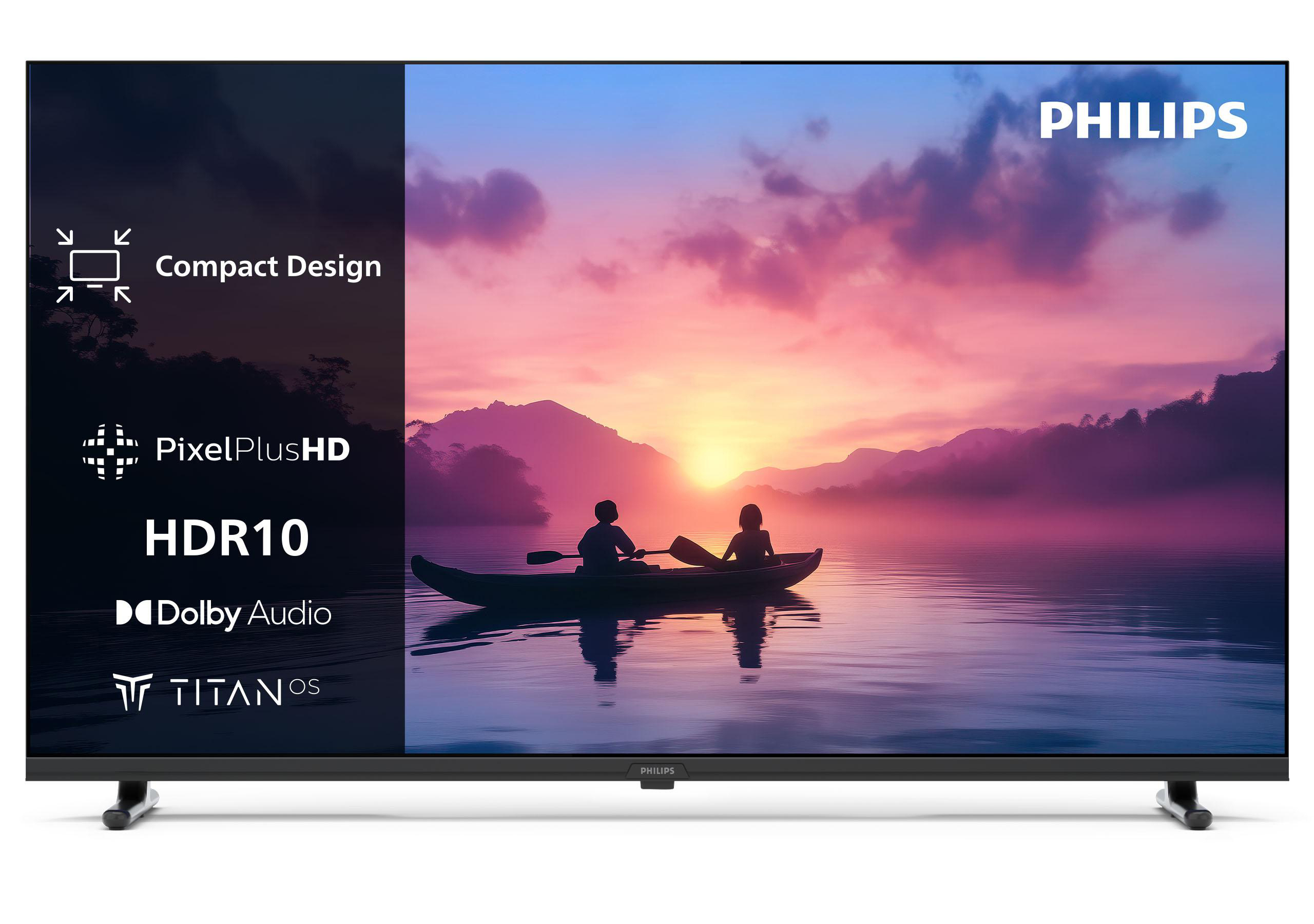 Ein Breitbild-TV, das eine Sonnenuntergangsszene mit zwei Personen in einem Boot zeigt. Philips-Logo.