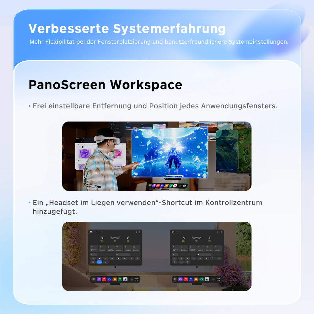 Ein Mann benutzt ein VR-Headset. Darunter werden zwei Screenshots eines Bedienfelds gezeigt.