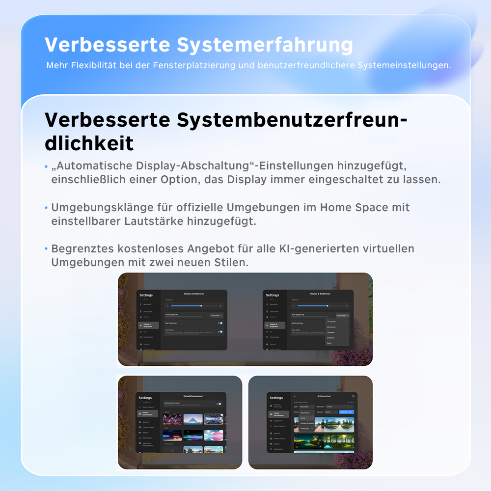 Screenshots eines Geräteeinstellungsmenüs mit Text zu Funktionen.
