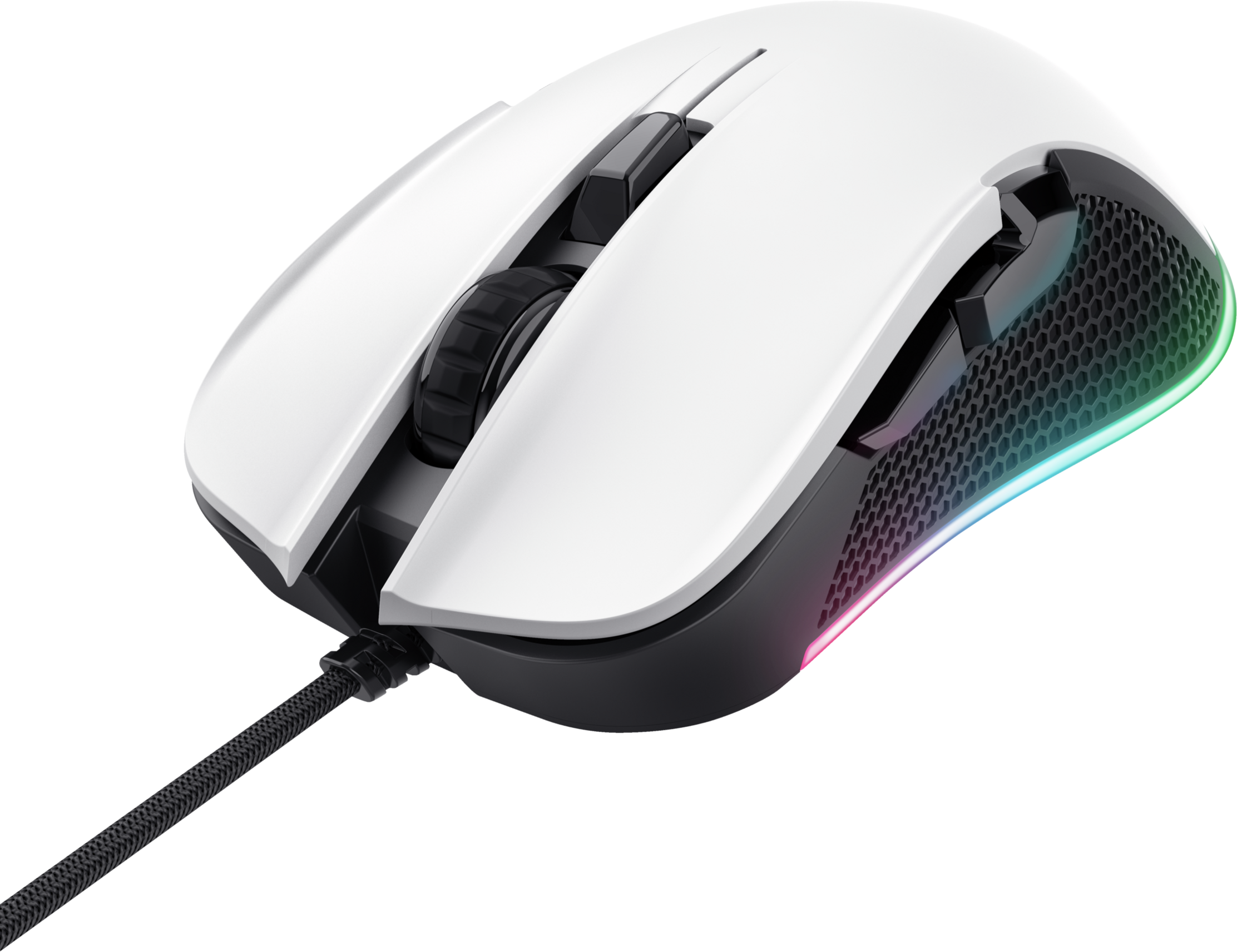 Fehér gamer egér fekete részletekkel és görgetőkerékkel. RGB világítás az oldalon.