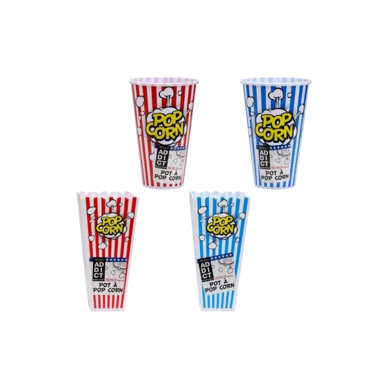 Cuatro vasos de palomitas, dos a rayas rojas y dos a rayas azules, con logotipos de palomitas.