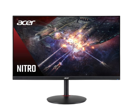 Un monitor muestra una escena espacial con una nave espacial y explosiones.