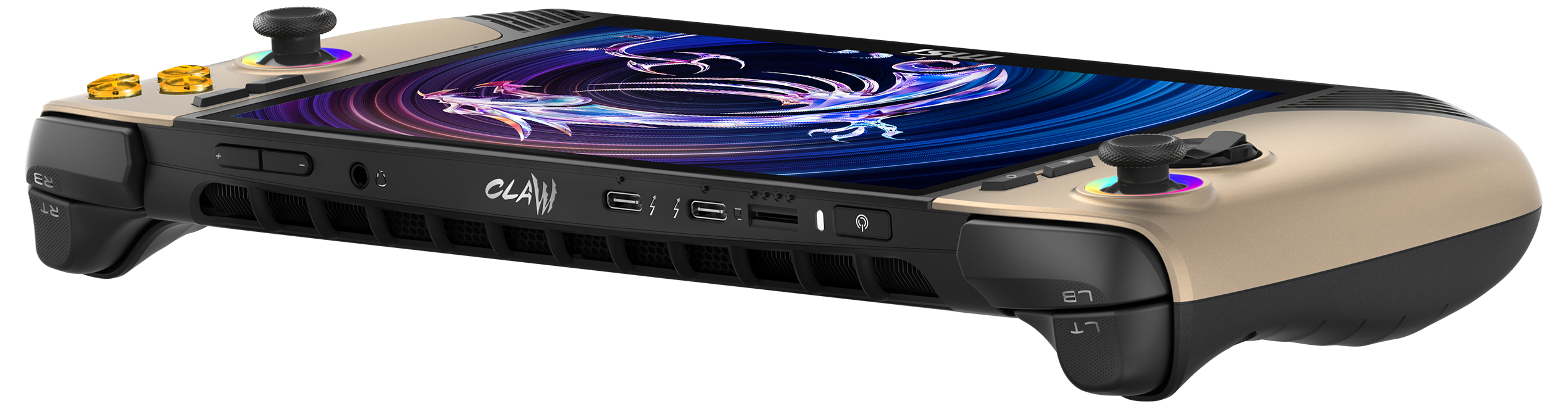 Eine goldene und schwarze Handheld-Konsole mit einem Bildschirm, der ein buntes Drachendesign zeigt. Sie hat Knöpfe und Joysticks.