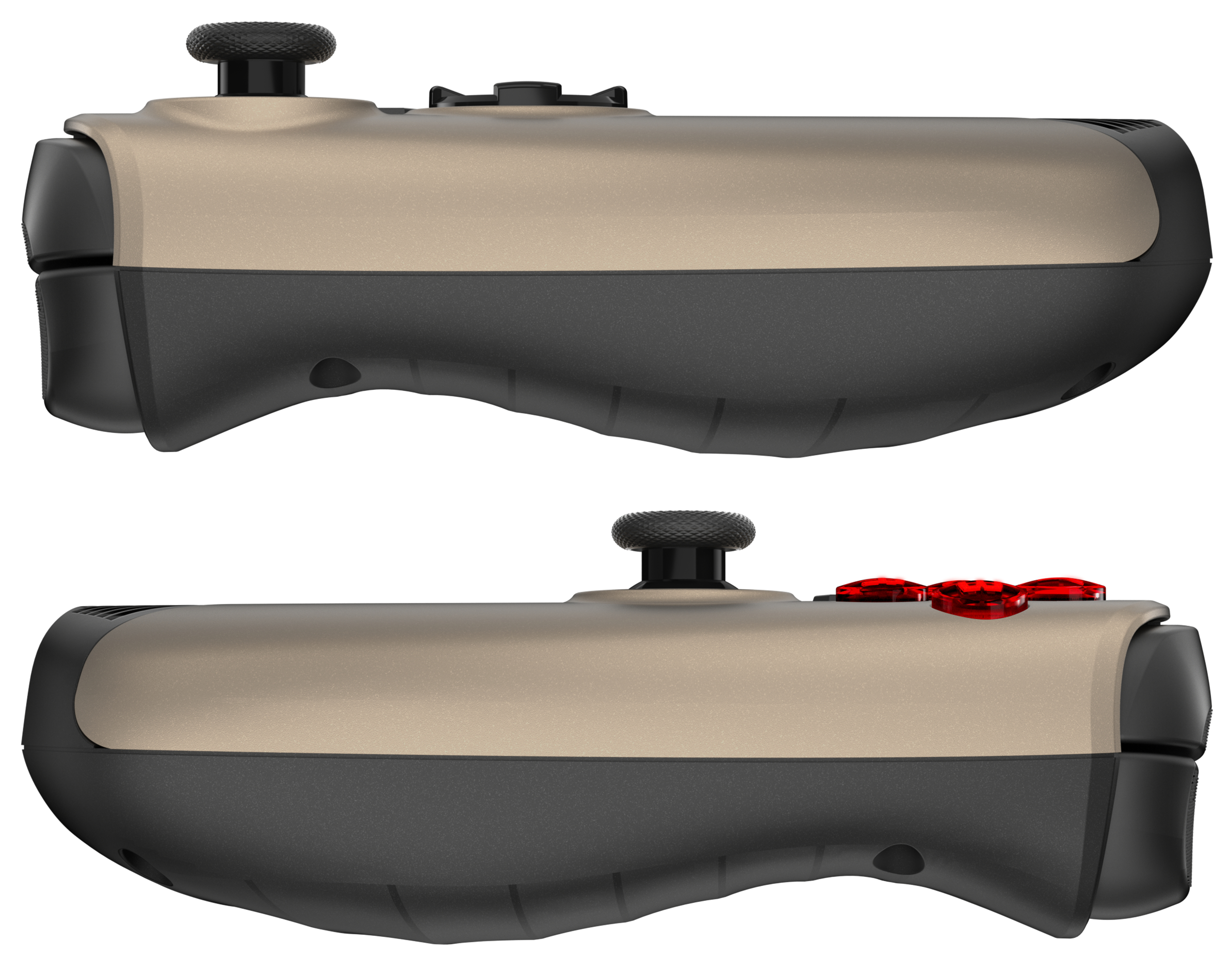 Zwei Seitenansichten eines beigefarbenen und schwarzen Handheld-Gaming-Controllers. Knöpfe und Joysticks sichtbar.