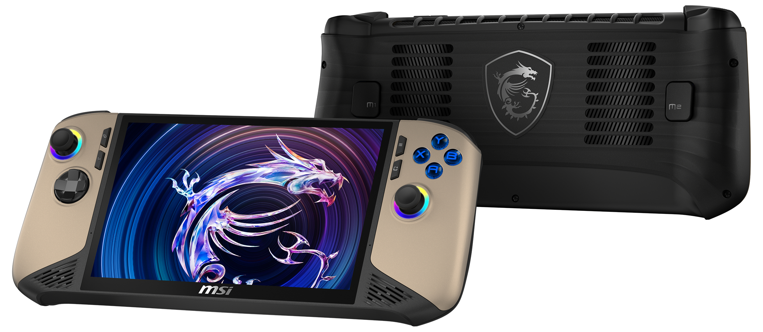 MSI Handheld-Gaming-Gerät. Gold und Schwarz mit Drachengrafik auf dem Bildschirm.
