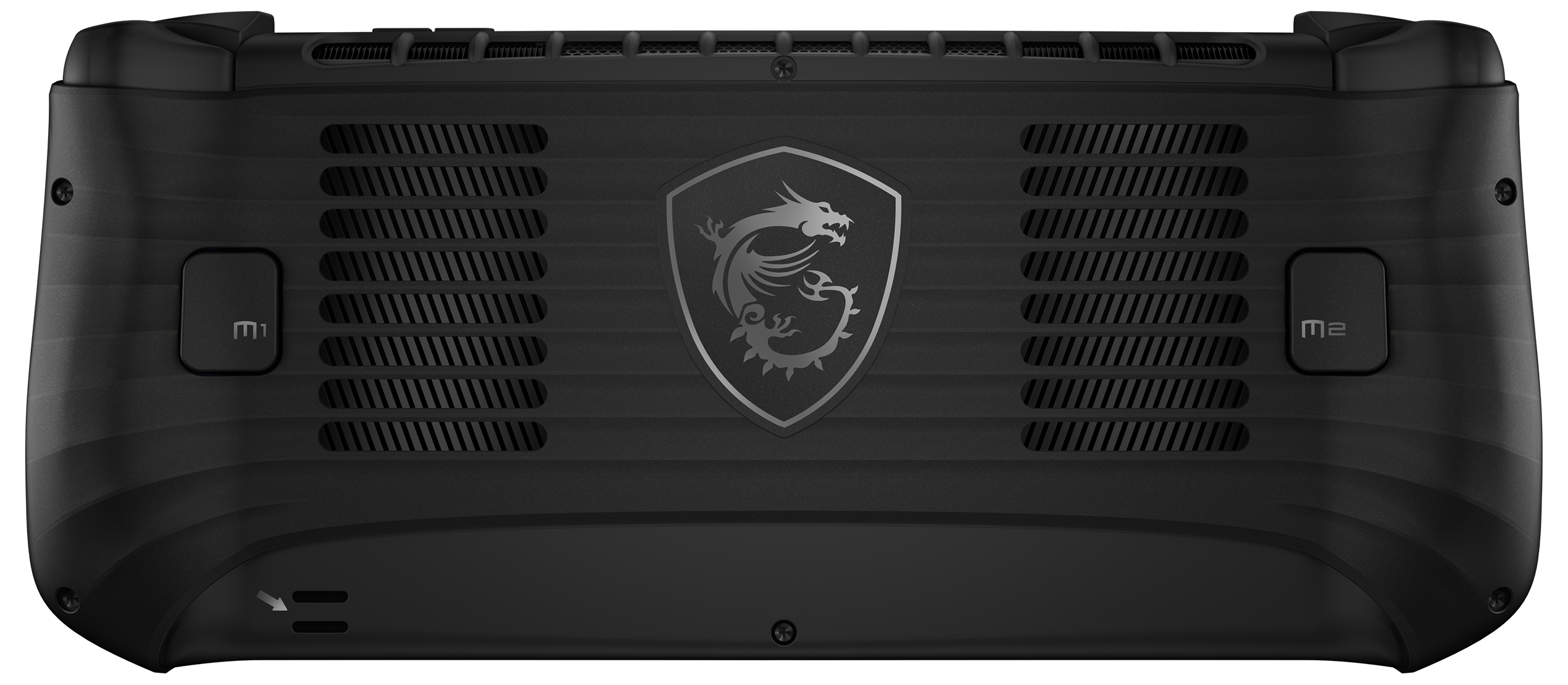 Schwarzes Handheld-Gaming-Gerät mit Drachenlogo. Mit Tasten und Lüftungsschlitzen.