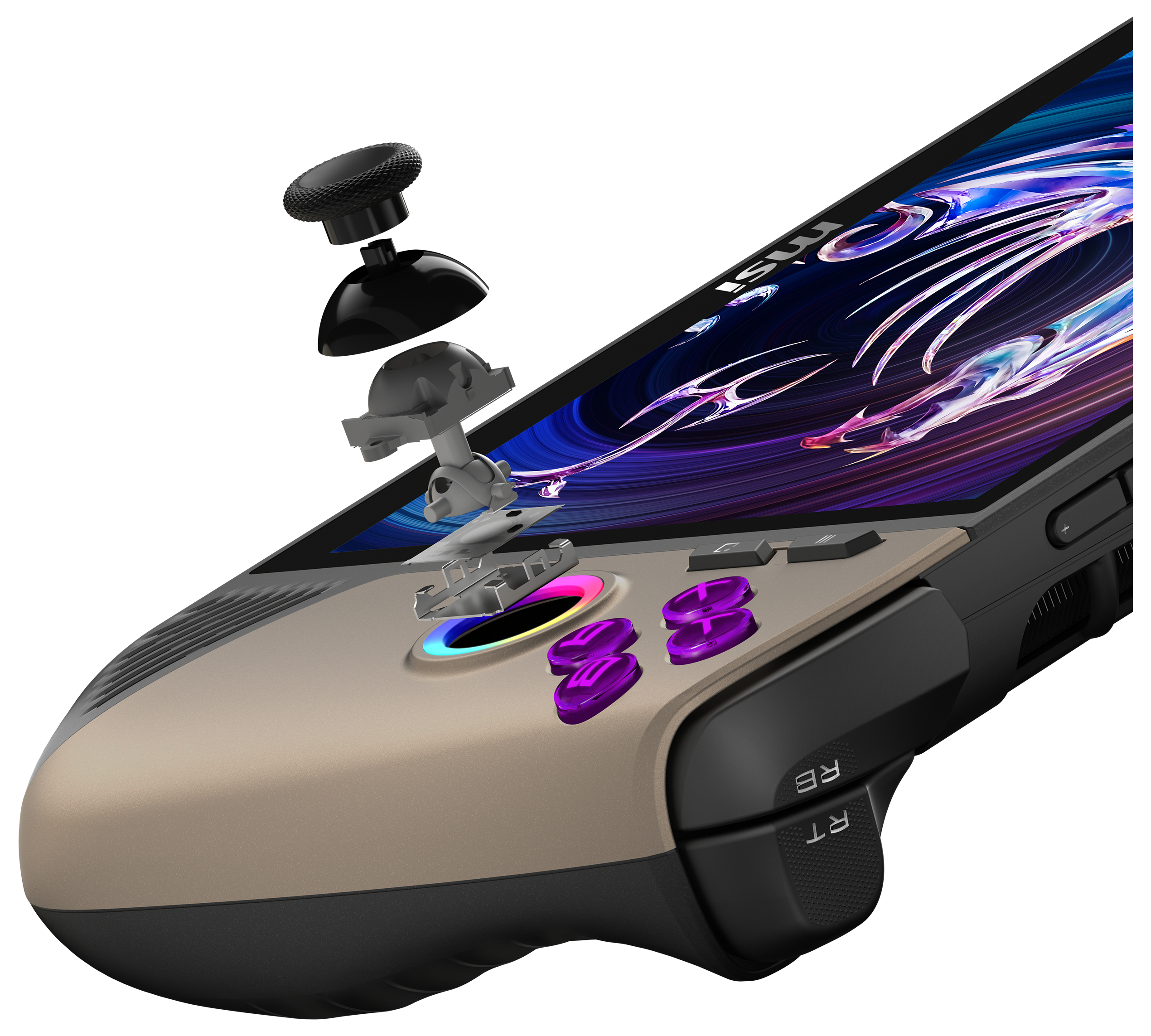 Ein Gaming-Handheld-Gerät mit zerlegtem Joystick und Tasten.