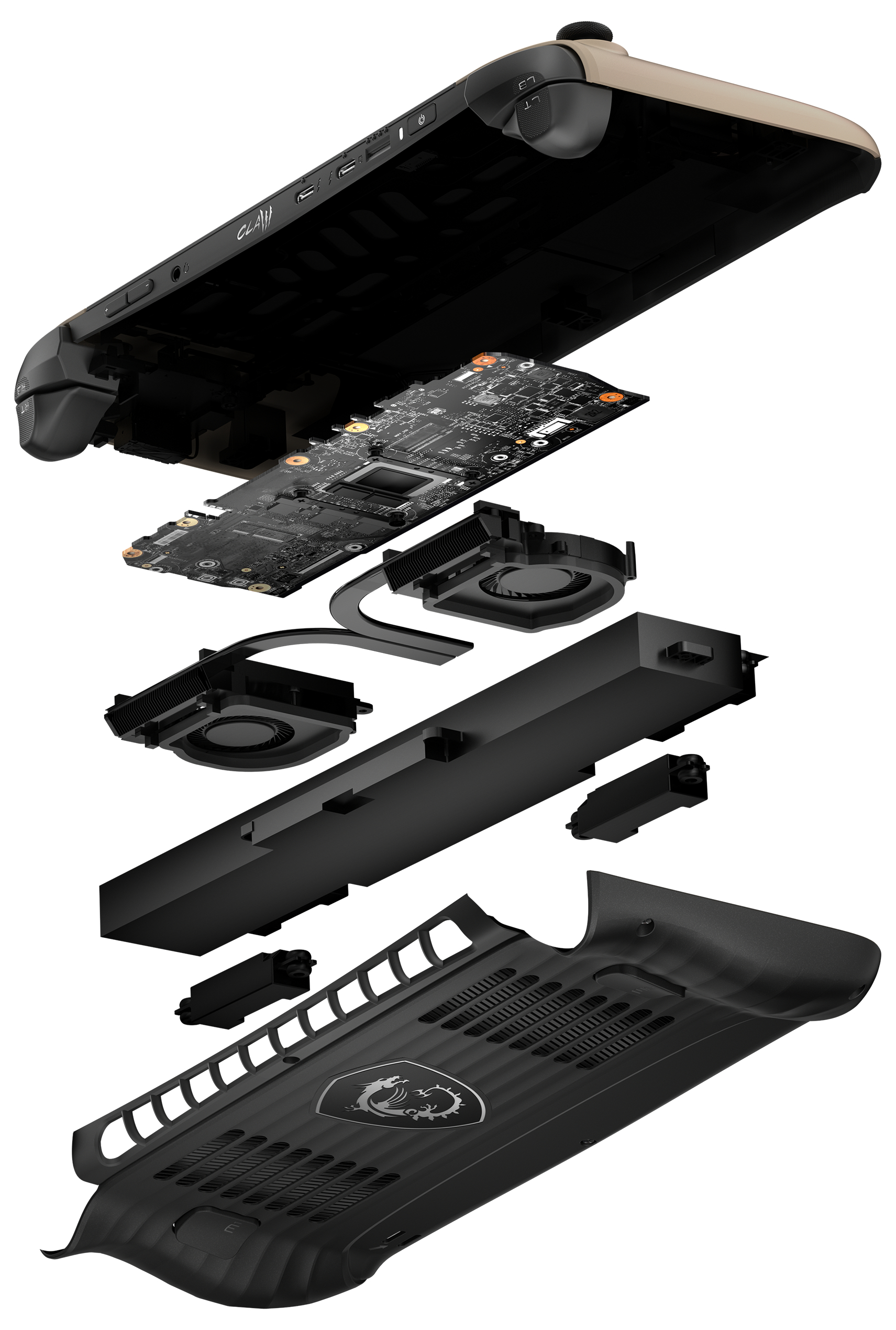 Eine Explosionsansicht eines schwarzen Handheld-Gaming-Geräts, die interne Komponenten und Design zeigt.