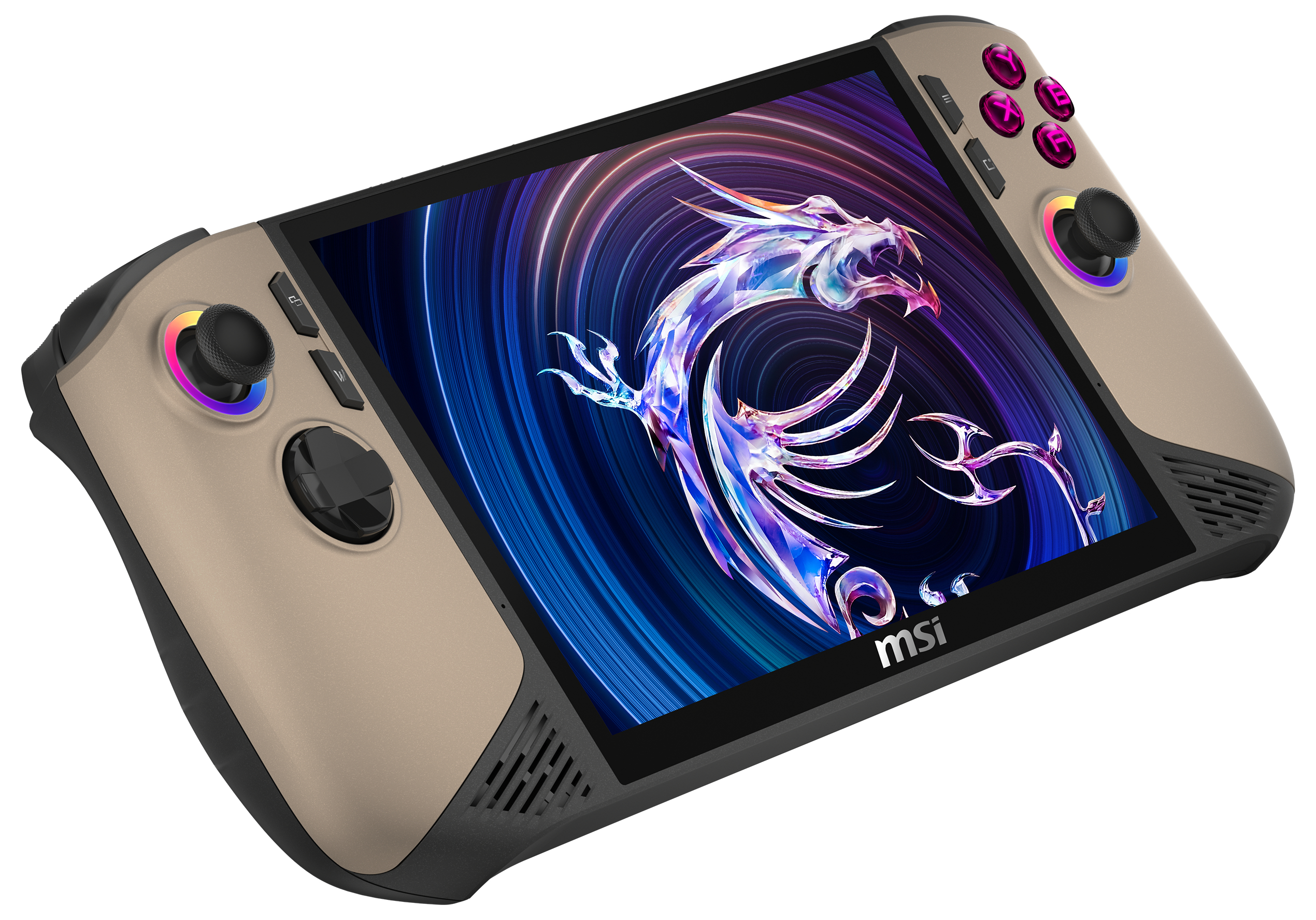 Handheld-Gaming-Gerät mit Bildschirm, der einen Drachen zeigt. Knöpfe an den Seiten, grau und schwarz.