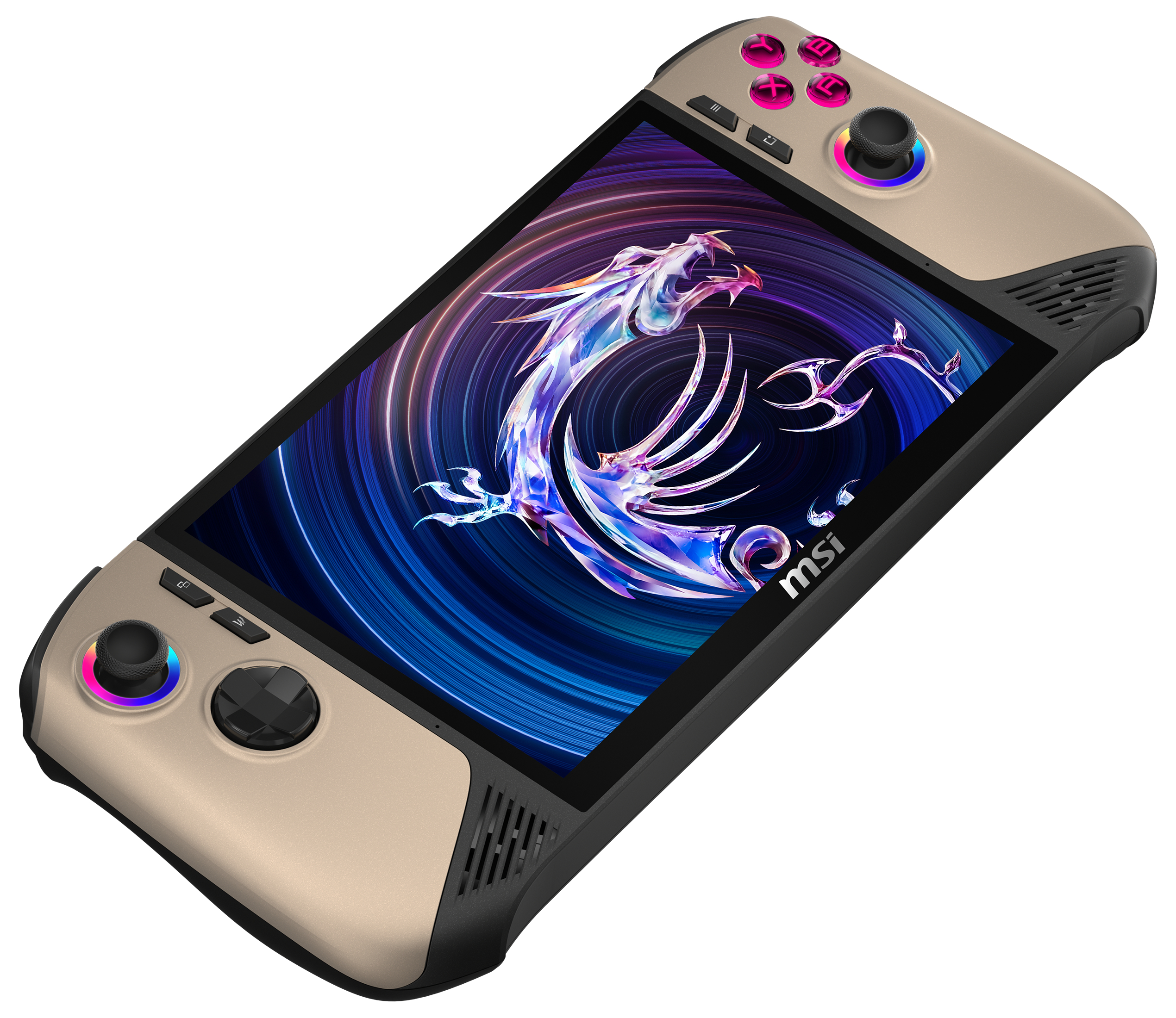 Ein Handheld-Gaming-Gerät mit einem Bildschirm, der einen Drachen und das MSI-Logo zeigt.