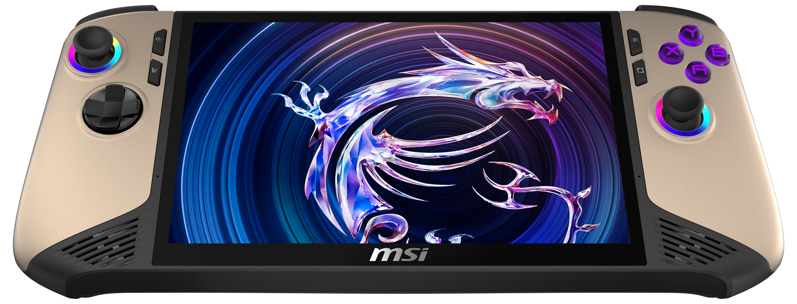 Ein Handheld-Gaming-Gerät mit einem Bildschirm, der einen Drachen und das MSI-Logo zeigt.