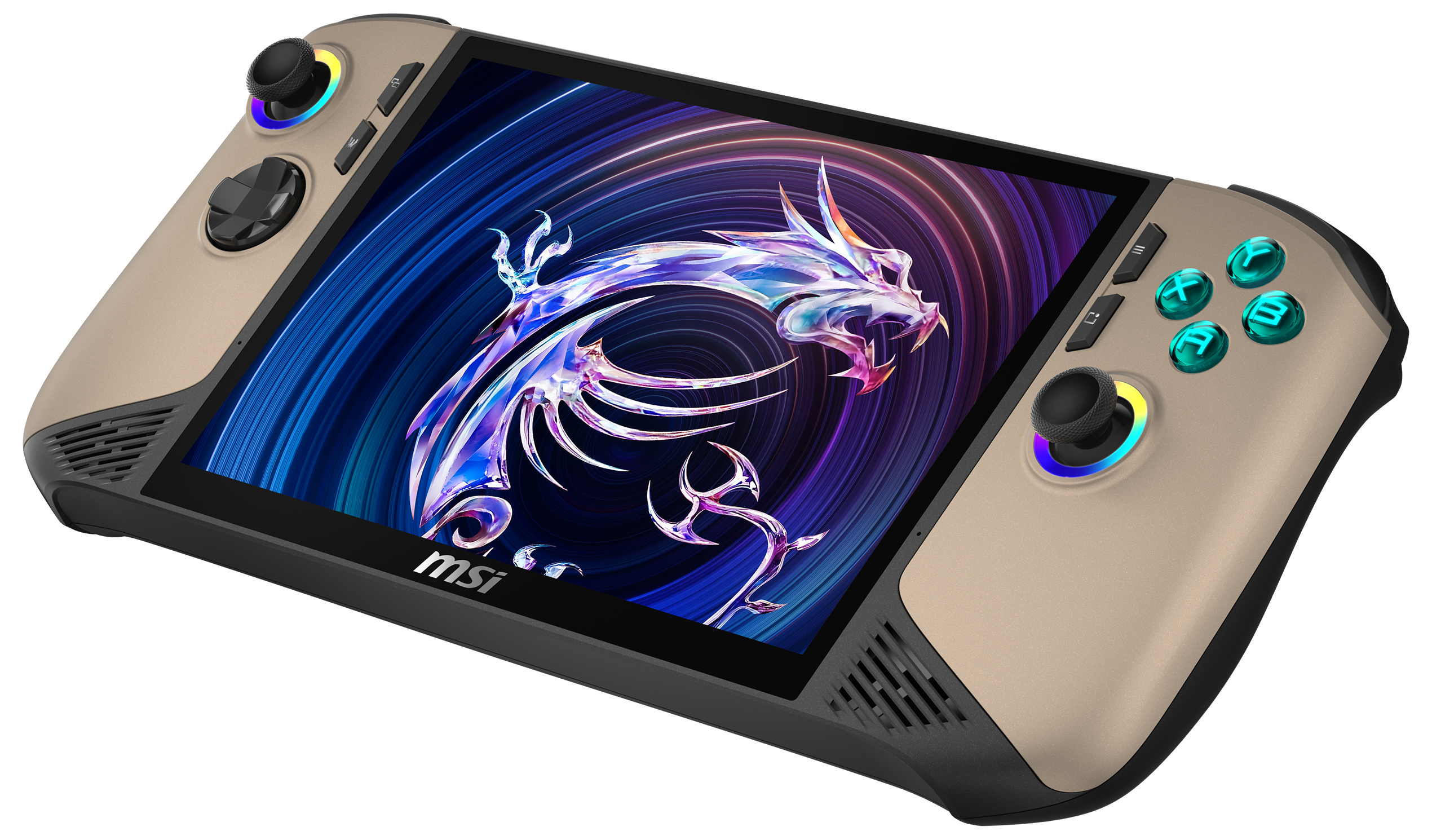 MSI Gaming-Handheld-Gerät mit einem Bildschirm, der eine Drachen-Grafik zeigt. Beige-Schwarz-Farbschema.