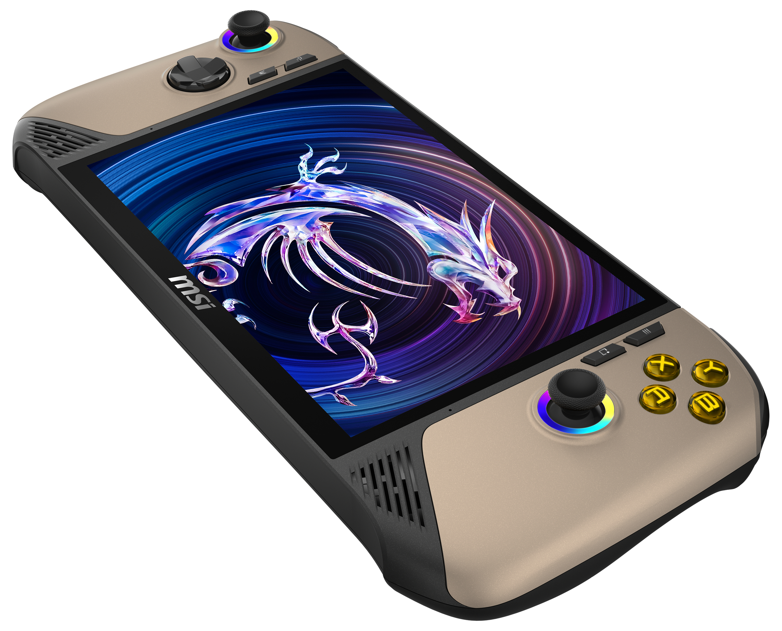 Eine Handheld-Spielekonsole. Es hat einen Bildschirm und Bedienelemente mit goldenem Farbschema.