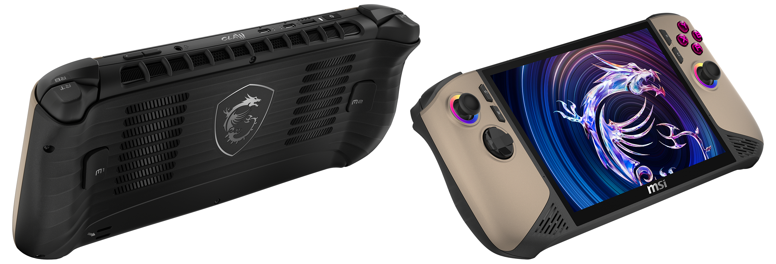 Zwei Gaming-Handhelds, eines schwarz und eines beige. Beide zeigen Bildschirme.