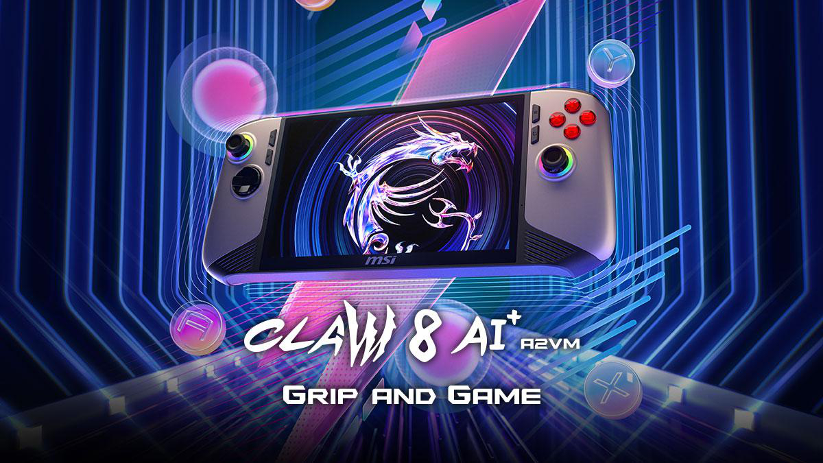 MSI Claw 8 AI+ Gaming-Handheld. Verfügt über einen Bildschirm und Steuertasten.