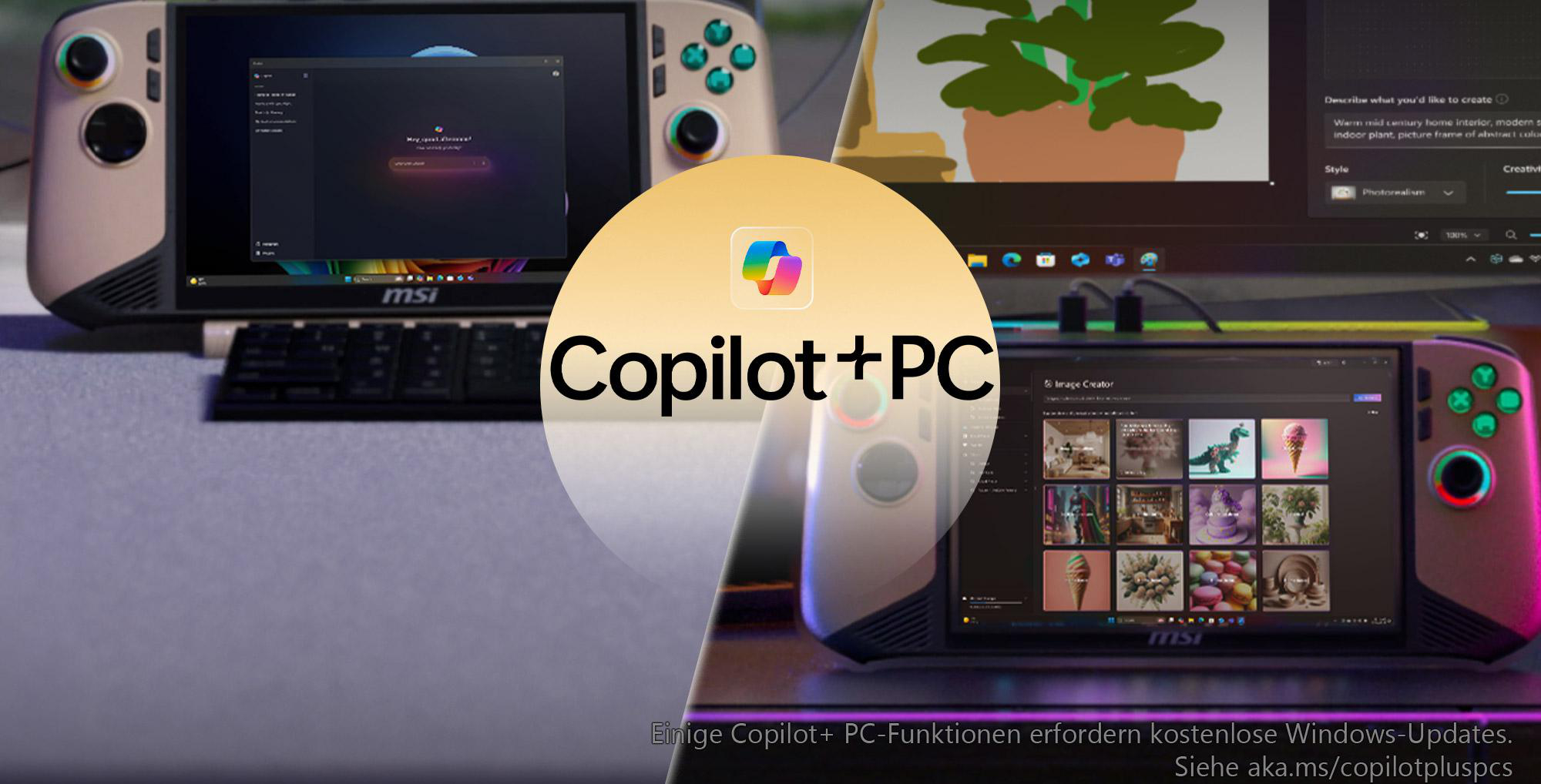 Zwei Handheld-Gaming-Geräte mit Bildschirmen, die Software anzeigen. Der Text 'Copilot+PC' steht in der Mitte.