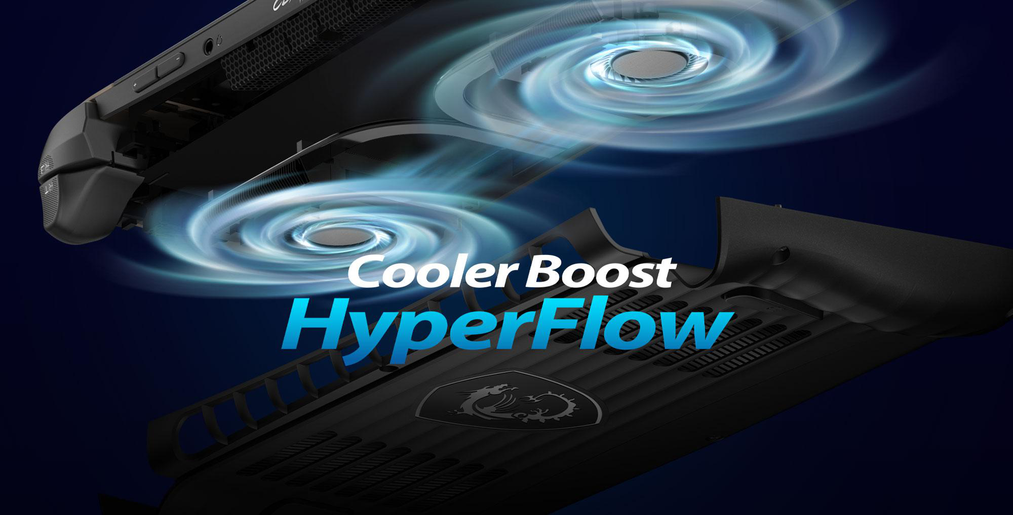 Schnitt des Gaming-Geräts mit internen Lüftern und dem Text Cooler Boost HyperFlow.