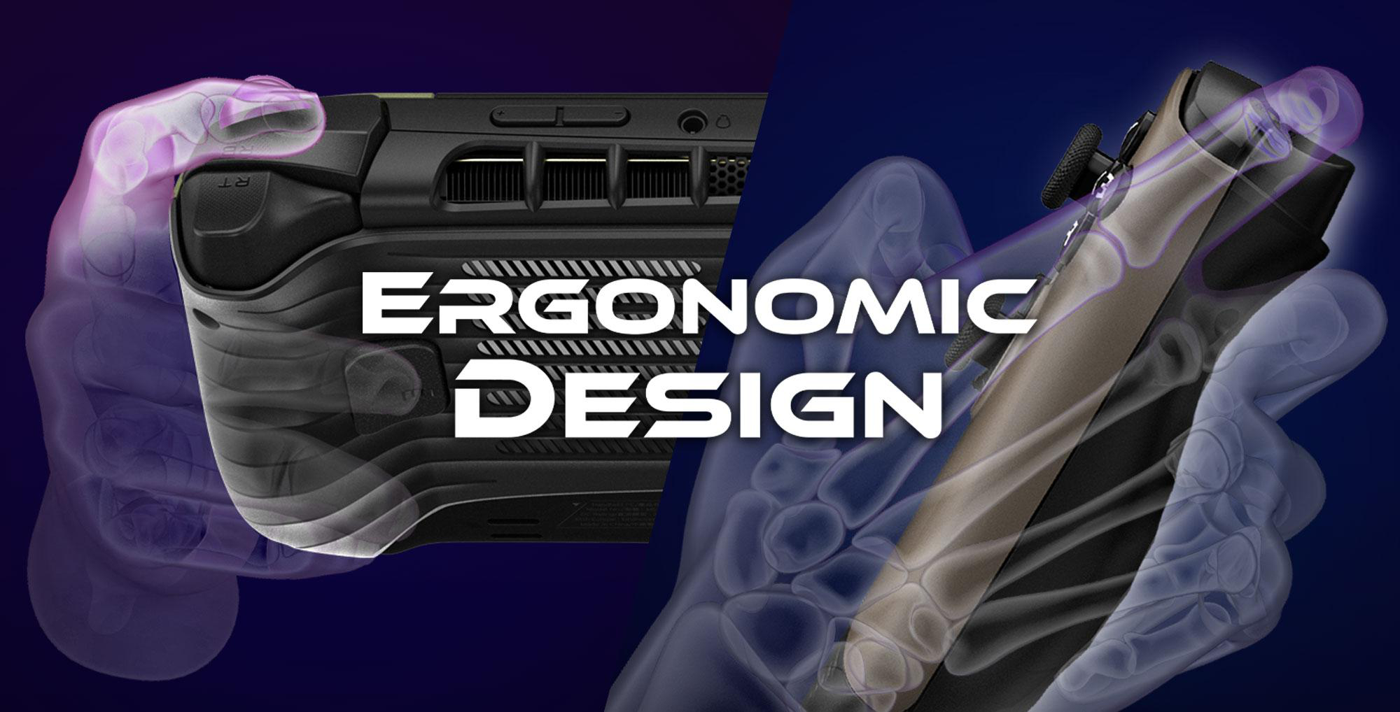 Ein ergonomisches Design eines Controllers, das eine Hand zeigt, die ihn hält, mit dem Text 'ERGONOMISCHES DESIGN'.