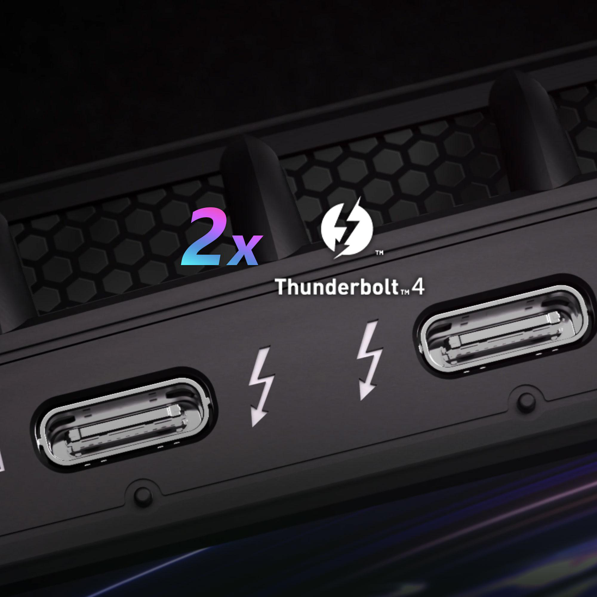 Nahaufnahme eines schwarzen Geräts mit Thunderbolt 4-Anschlüssen. Der Text lautet '2x Thunderbolt 4'.