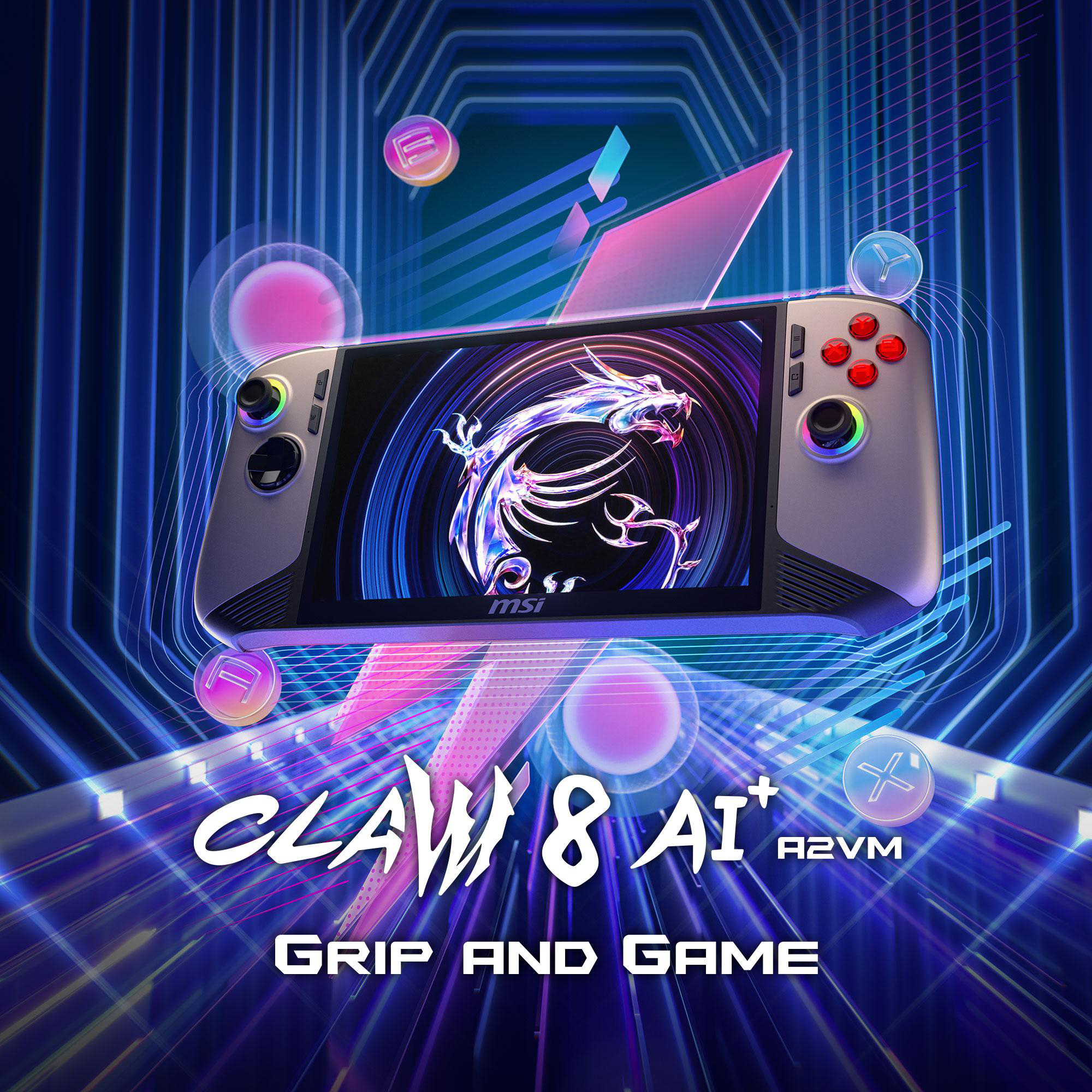 MSI Claw 8 AI+ Gaming-Handheld-Gerät. Bunter Neonhintergrund.