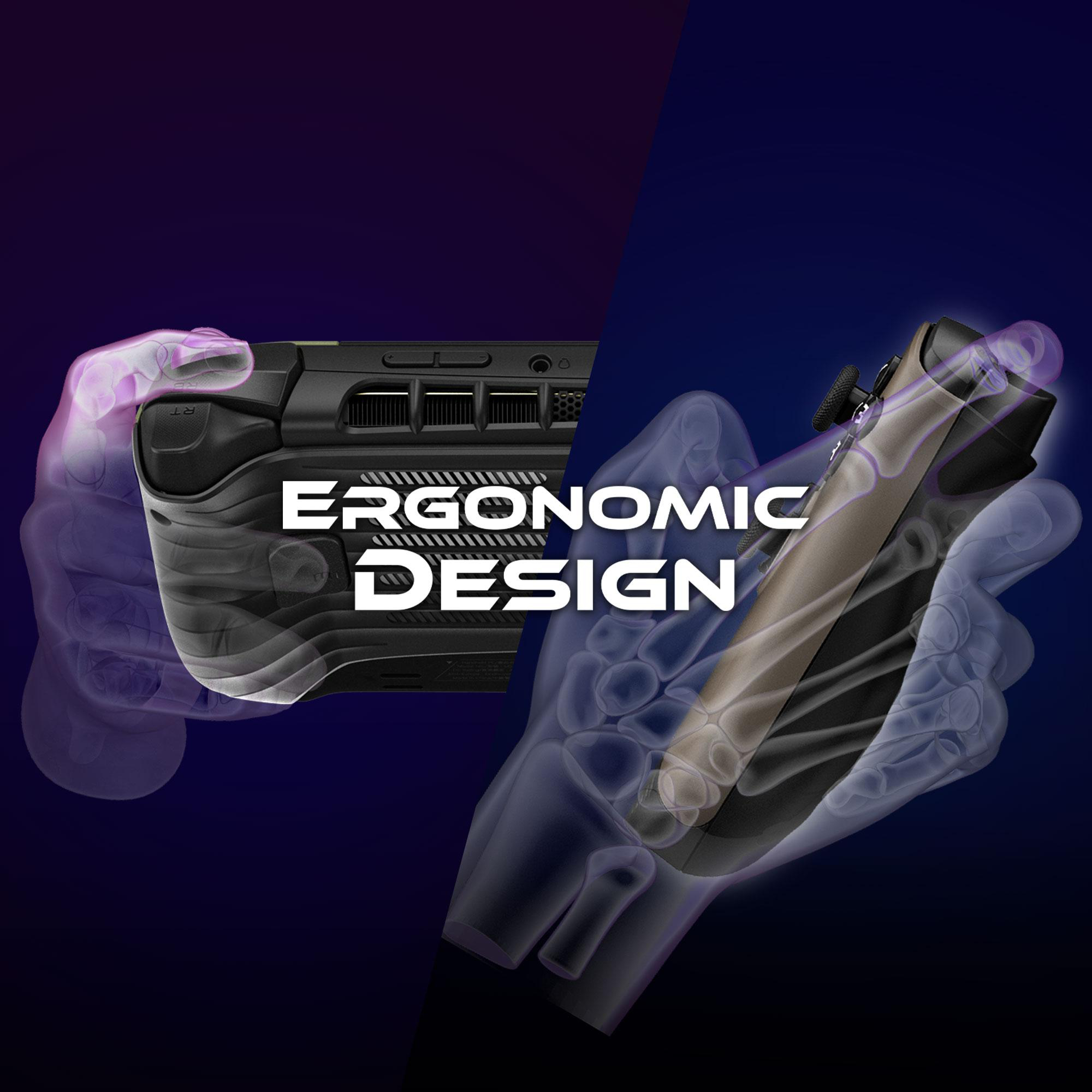 Bild zeigt ergonomisches Design eines Gaming-Geräts, mit Händen und Skelett-Overlays.