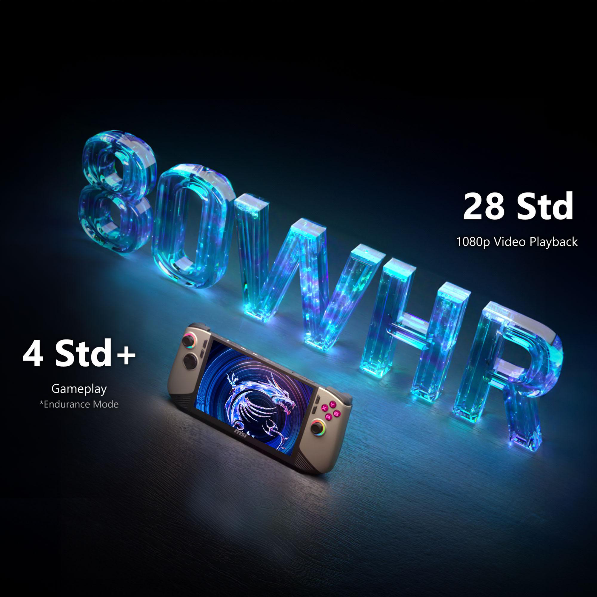 Gaming-Konsole mit leuchtenden Buchstaben: 80WHR, 28 Std 1080p Video Playback und 4 Std+ Gameplay.