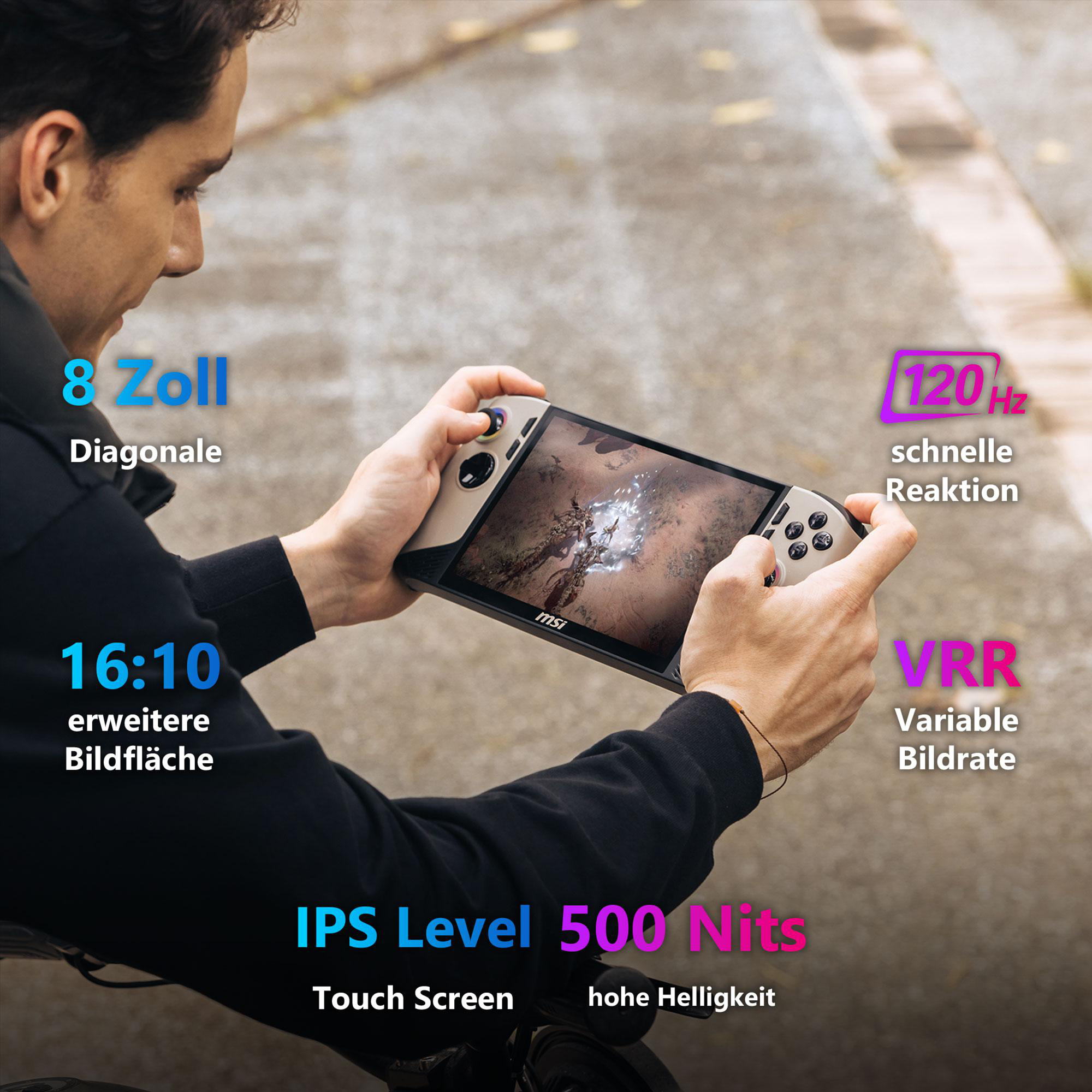 Eine Person hält ein Handheld-Gaming-Gerät, mit Textüberlagerungen, die seine Funktionen anzeigen.