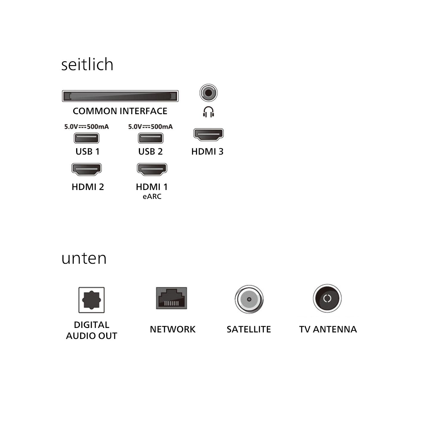 Ein Fernseher mit verschiedenen Anschlüssen: USB, HDMI, Digital Audio Out, Netzwerk, Satellit und TV-Antenne.