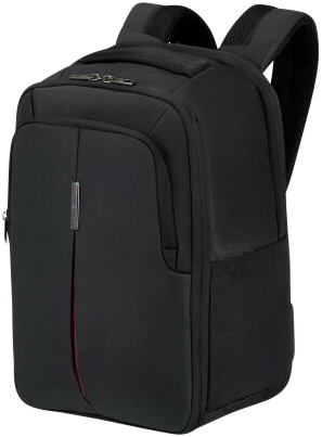Fekete Samsonite hátizsák piros függőleges vonallal. Elülső zsebe és vállpántjai vannak.