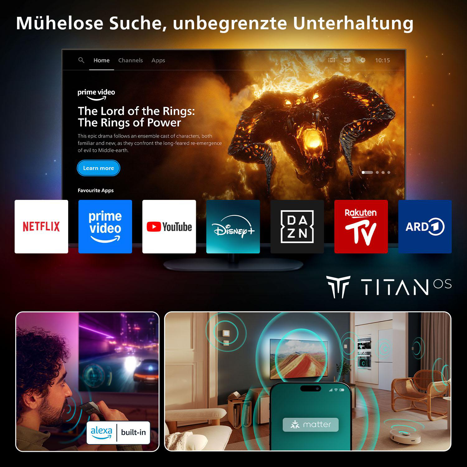 Smart-TV-Oberfläche mit einem Lord of the Rings-Film und App-Symbolen darunter.