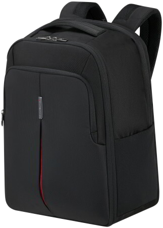 Egy fekete Samsonite hátizsák piros csíkkal az elején és fekete háttérrel.