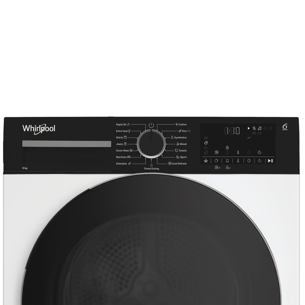 A Whirlpool szárítógép kezelőpaneljének közeli képe gombokkal és kijelzővel.