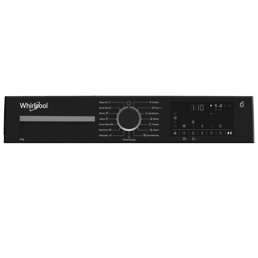 Fekete Whirlpool szárító vezérlőpanel szárítási ciklusok, idő és beállítások opcióival.