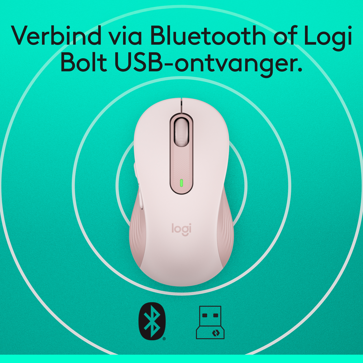 A pink Logitech mouse with labeled features, including Bluetooth and 26% recycled plastic.