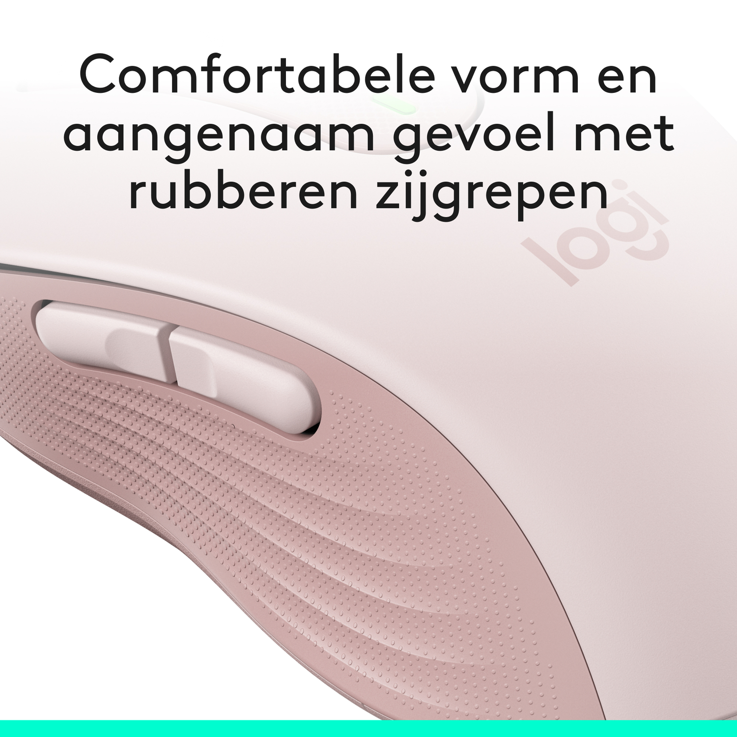 A pink Logitech mouse with buttons and rubber grips. The text 'Comfortable shape and pleasant feel with rubber grips'.