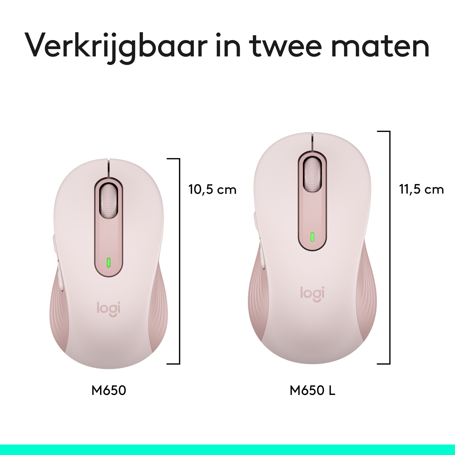 Two pink Logitech mice, one larger, with dimensions shown.
