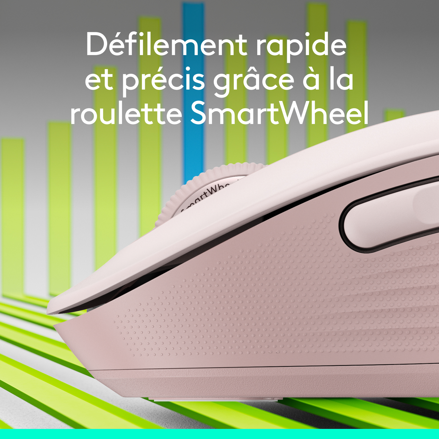 Gros plan sur une souris d'ordinateur rose avec une molette argentée. Fond vert et bleu.