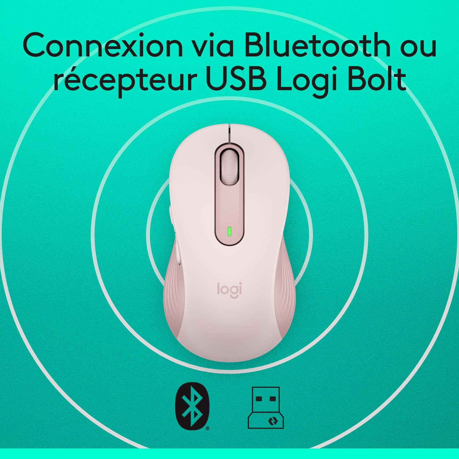 Souris rose avec une lumière verte sur fond turquoise. Les symboles Bluetooth et USB sont affichés.