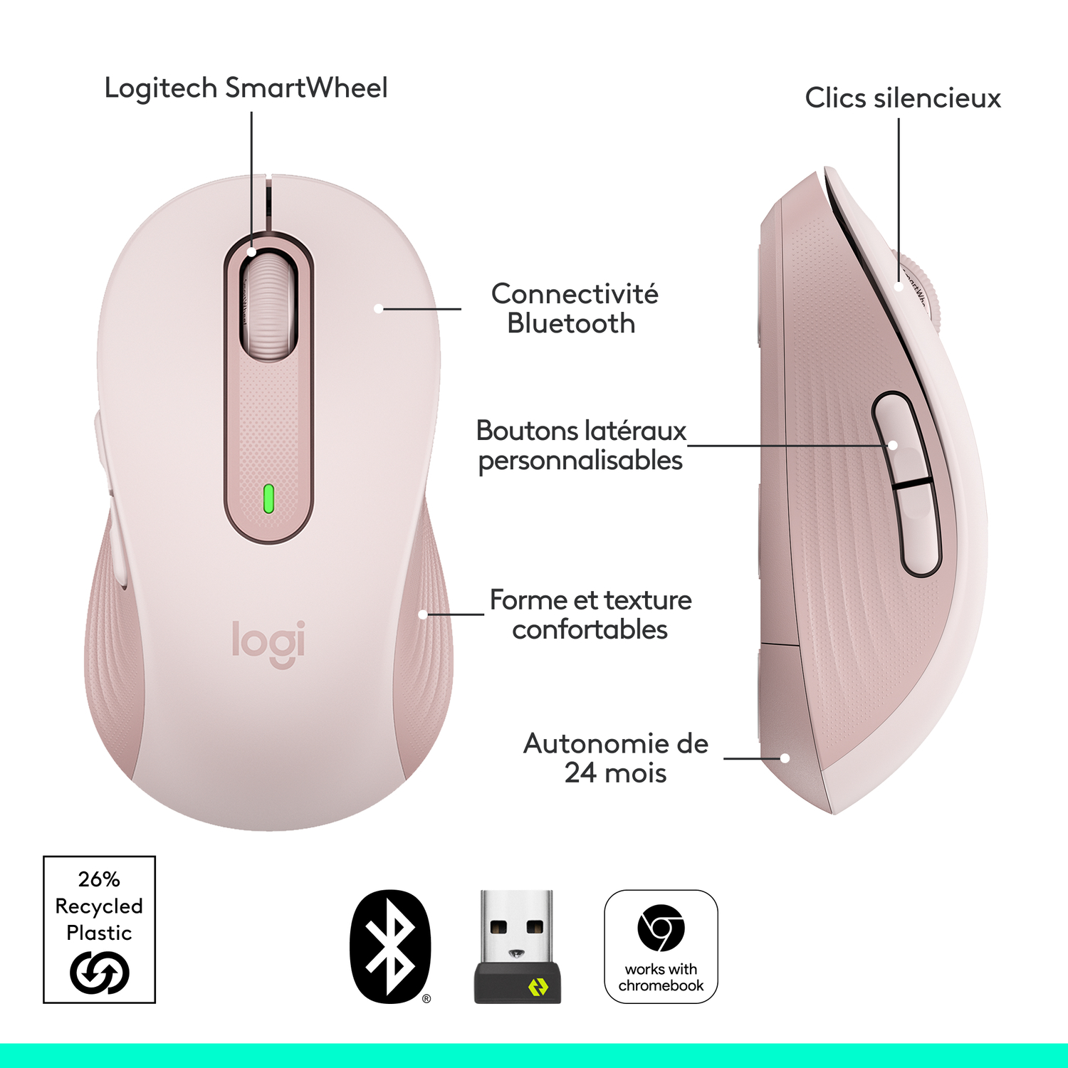 Souris Logitech rose avec boutons, Bluetooth et SmartWheel. Montre 26% de plastique recyclé.