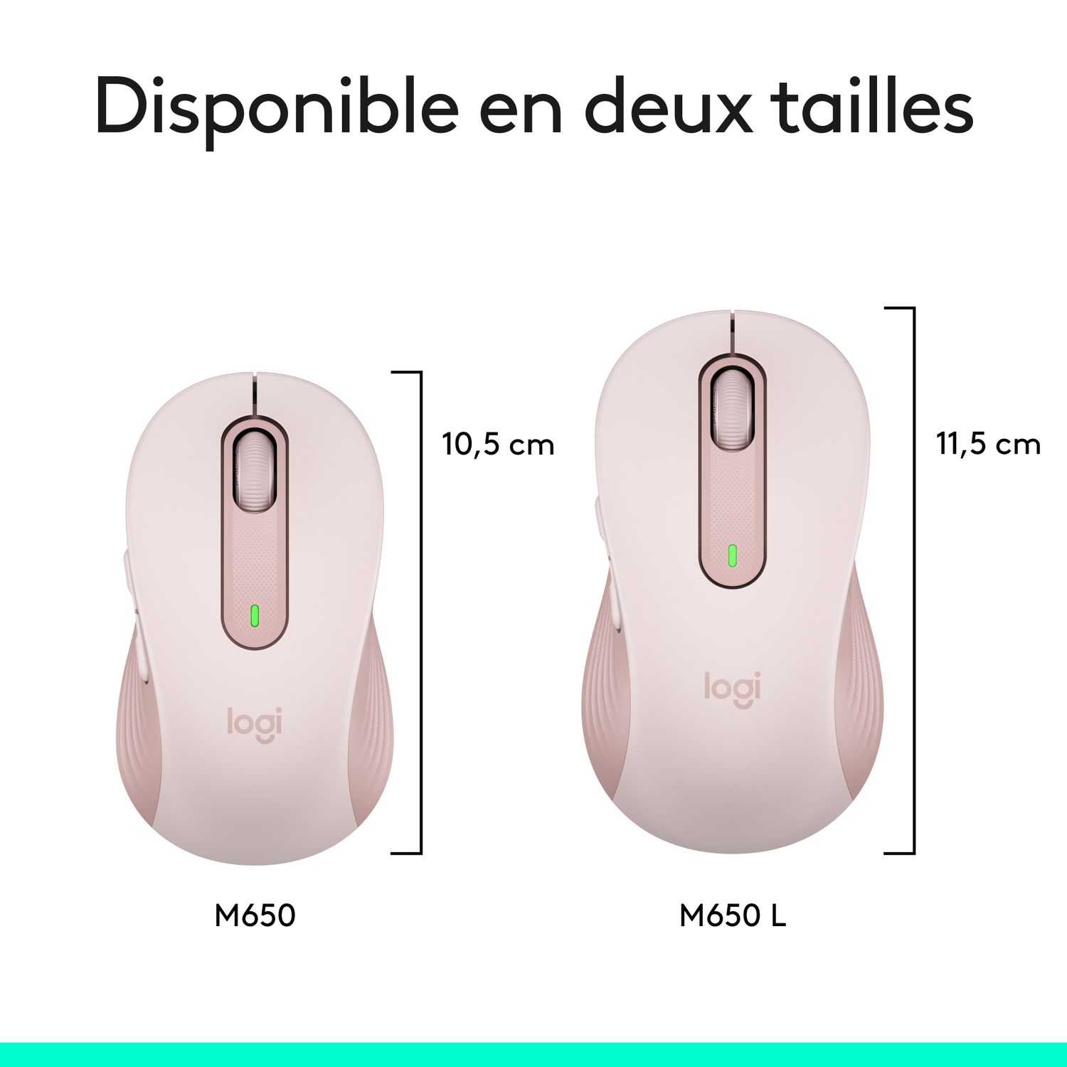 Deux souris d'ordinateur roses, M650 et M650 L, avec comparaisons de taille.