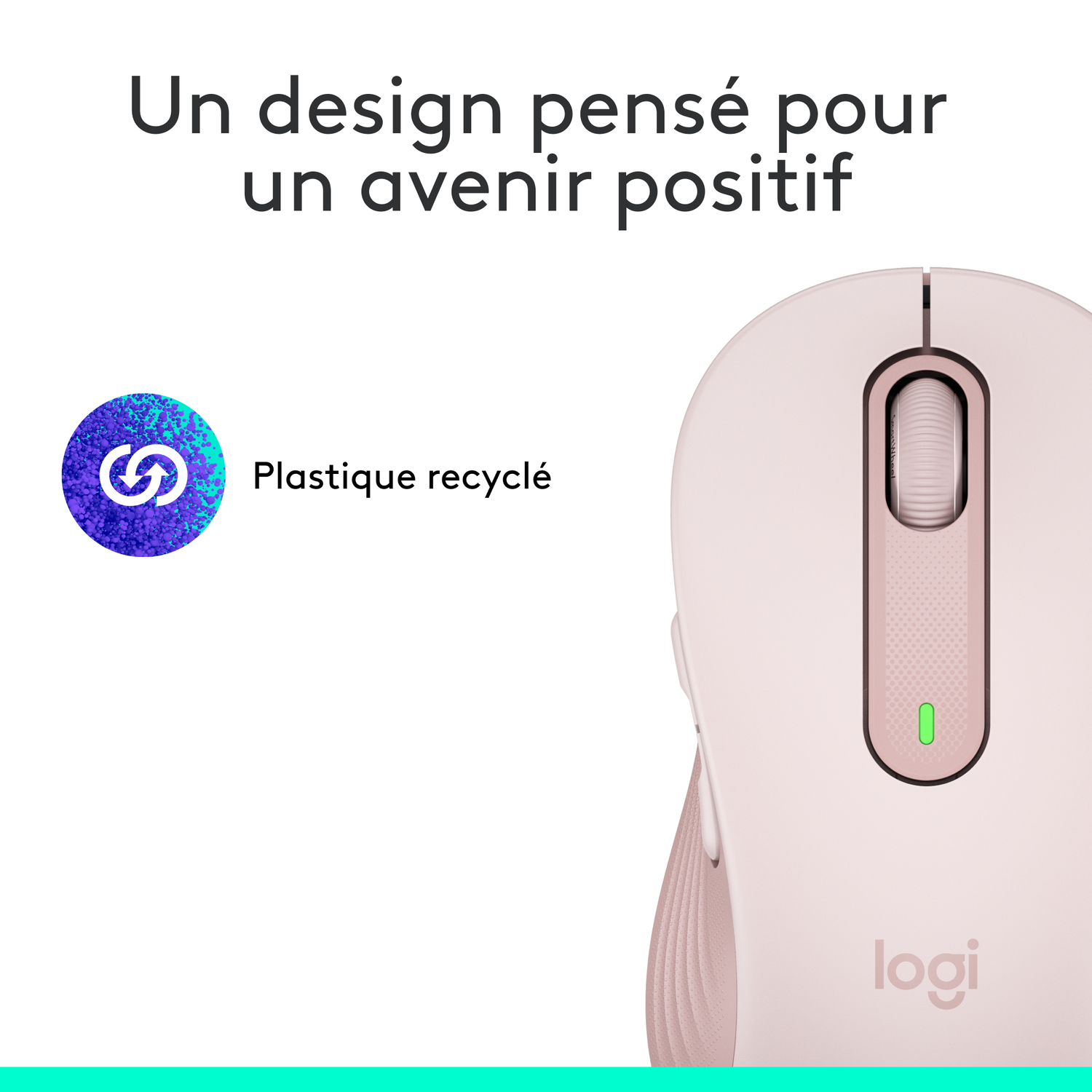 Un gros plan d'une souris d'ordinateur rose. Elle a une molette et une lumière. Le logo Logitech est visible.
